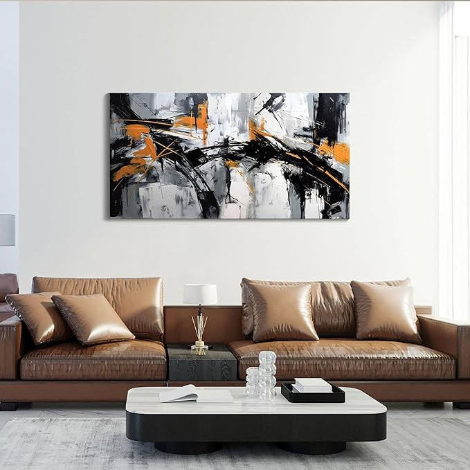 Black Abstract Canvas Wall Art Elegant and Modern Orange Wall Art for Living Room - Canvas Wall Decor for Office and Home - Large Framed Artwork for Walls , White, Gray and Unique Orange Accents 48×24in