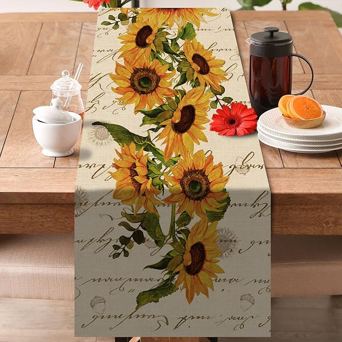Seliem Fall Sunflowers Table Runner, Vintage Spring Summer Flower Home Kitchen Dining Decor, Seasonal Farmhouse Floral Decorations Indoor Outdoor Party Supply 13 x 90 Inch