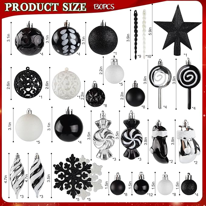 130 Pcs Christmas Ball Ornaments, Christmas Tree Decoration Set Red Christmas Ball Shatterproof Hanging Ornament Decorations for Christmas Tree, Wreaths, and Outdoor Displays (Black)