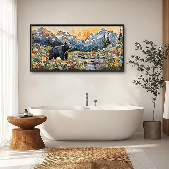 Extra Large Framed Abstract Black Bear Mountain Wall Art,Colorful Wildflower Forest Landscape Wall Decor Pictures for Living Room,Canvas Print Painting Modern Artwork Bedroom Office Bathroom 60L x30W