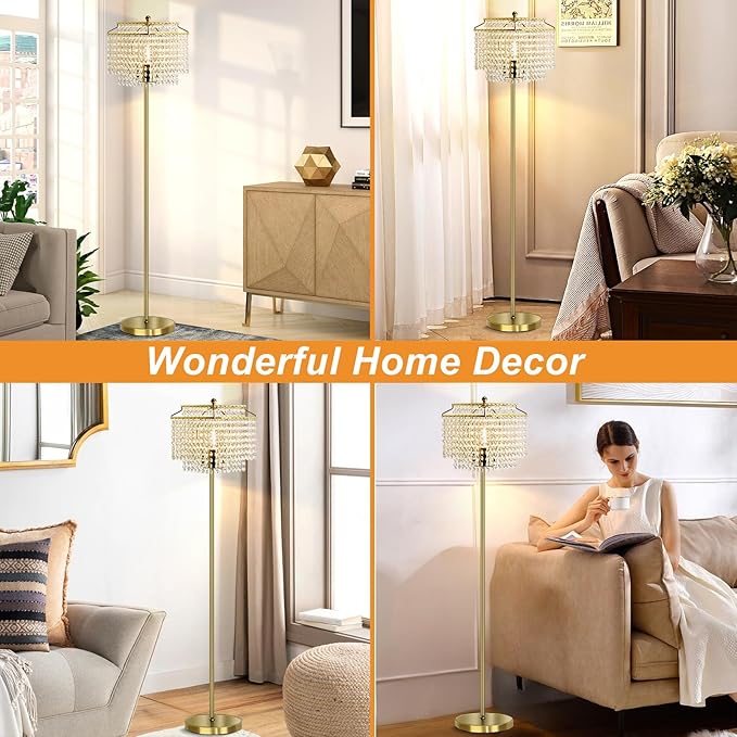 Luvkczc Gold Crystal Floor Lamp, 64" Tall Elegant Standing Lamp with On-Off Foot Switch, Double-Layer Lampshade, Standing Floor Lamps for Living Room, Bedroom, Office, 8W LED Bulb Included