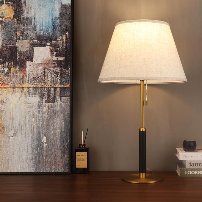 26.4" Living Room Modern Table Lamp Bedside Lamps for Bedroom 3-Color Temperatures Pull Chain Switch Nightstand Lamp for End Tables Wood Fabric for Home/Office/Desk Decor (Light Brown+Brass)