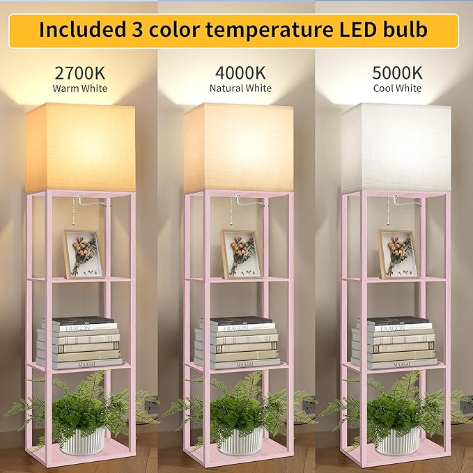 Dott Arts Floor Lamp with Shelves, Wide Floor Lamps for Living Room Display Shelf Lamps with 3 Color LED Bulb,Storage Wood Modern Floor Lamp for Bedroom Standing Lamp for Living Room Office（Pink）