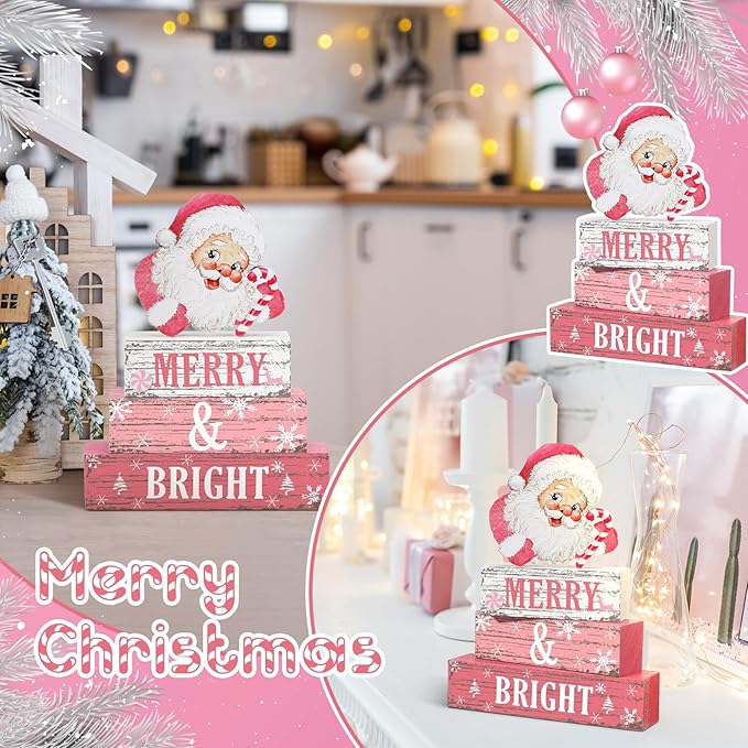 Geelin 4 Pcs Christmas Wooden Tabletop Decor Pink Winter Santa Tiered Tray Decor Christmas Centerpiece Rustic Decorative Block Signs Gift Farmhouse Table Decoration for Home Kitchen