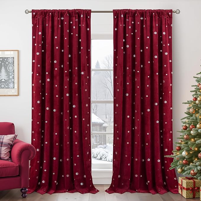 BGment Christmas Red Velvet Curtains 102 Inches Long, Thick Thermal Blackout Snow Silver Printed Decorative Curtains with Back Tab and Rod Pocket for Living Room, Set of 2 Panels, 52 x 102 Inch