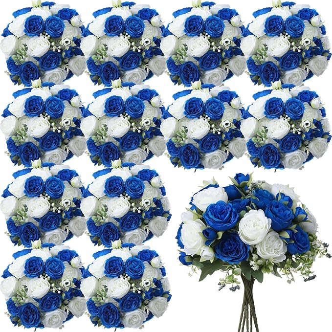 Geosar 8 Bundles Artificial Peonies Flowers Fake Silk Peony Bouquet Faux Peonies Flowers Bulk for Decoration Vase Florals Arrangements Wedding Party Table (Royal Blue,White)