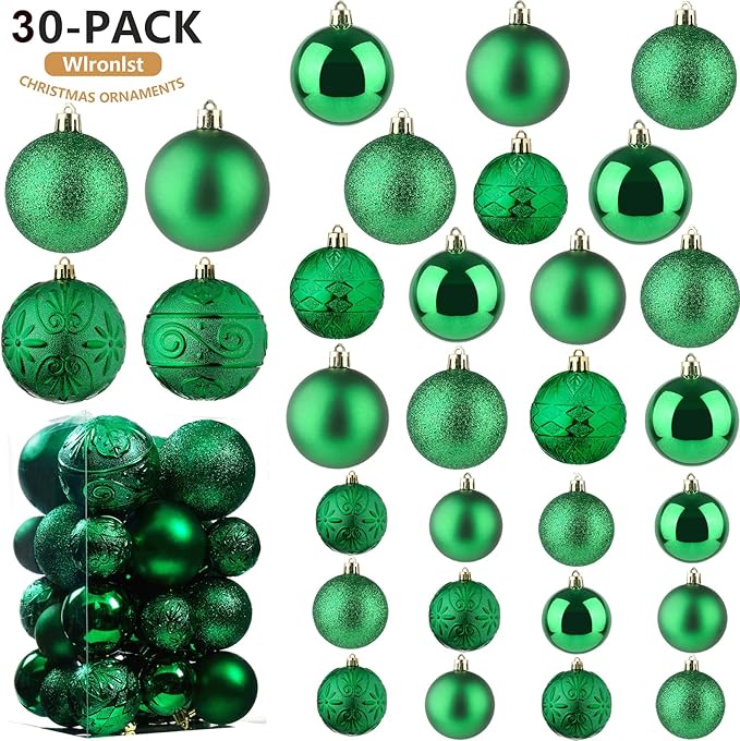 Wironlst Christmas Ball Ornaments - 30pcs Shatterproof Plastic Christmas Ornaments Hanging Ball Decorations for Xmas Tree, Holiday, Wedding, Party (Multi-Size, Green)