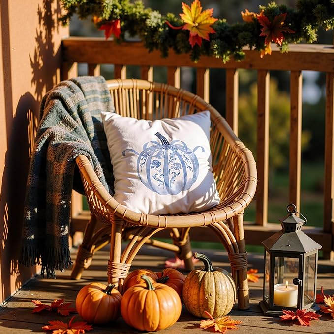 Blue Chinoiserie Pumpkin Fall Pillow Covers 18x18, Preppy Fall Decor, Grandmillennial Blue and White Floral Pumpkin Autumn Decorative Throw Pillow Covers for Girls Room Home Bedroom Living Room