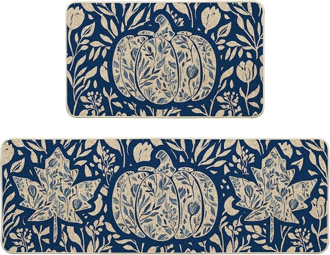 Artoid Mode Blue Flower Pumpkin Fall Kitchen Mats Set of 2, Autumn Home Decor Low-Profile Kitchen Rugs for Floor - 17x29 and 17x47 Inch