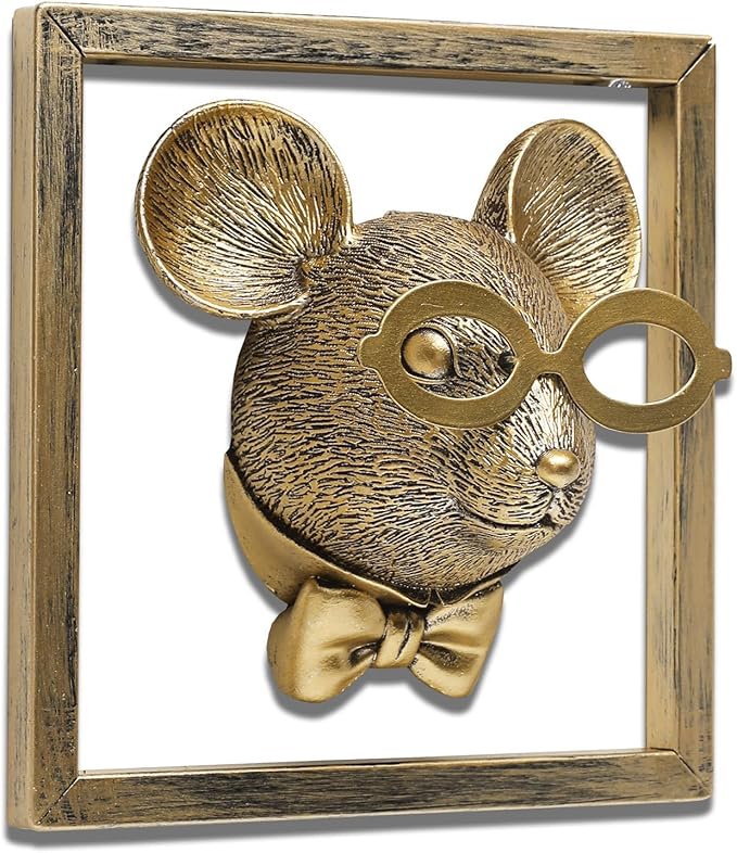 Animal Heads Wall Decor (Includes Metal Frame) Resin Animals Sculptures Head Wall Hanging Decoration Gold vintage Wall Sculpture for Living Room Bedroom Office(Rat)