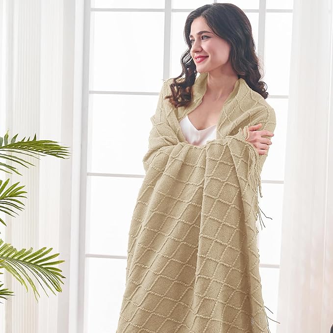 inhand Knitted Throw Blanket for Couch and Bed, Soft Living Room Home Decor Knitted Blanket with Tassel, Outdoor Lightweight Breathable Summer Blanket, Farmhouse Warm Woven Decorative, 50"x60"