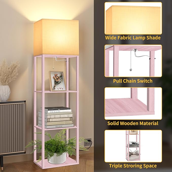 Dott Arts Floor Lamp with Shelves, Wide Floor Lamps for Living Room Display Shelf Lamps with 3 Color LED Bulb,Storage Wood Modern Floor Lamp for Bedroom Standing Lamp for Living Room Office（Pink）