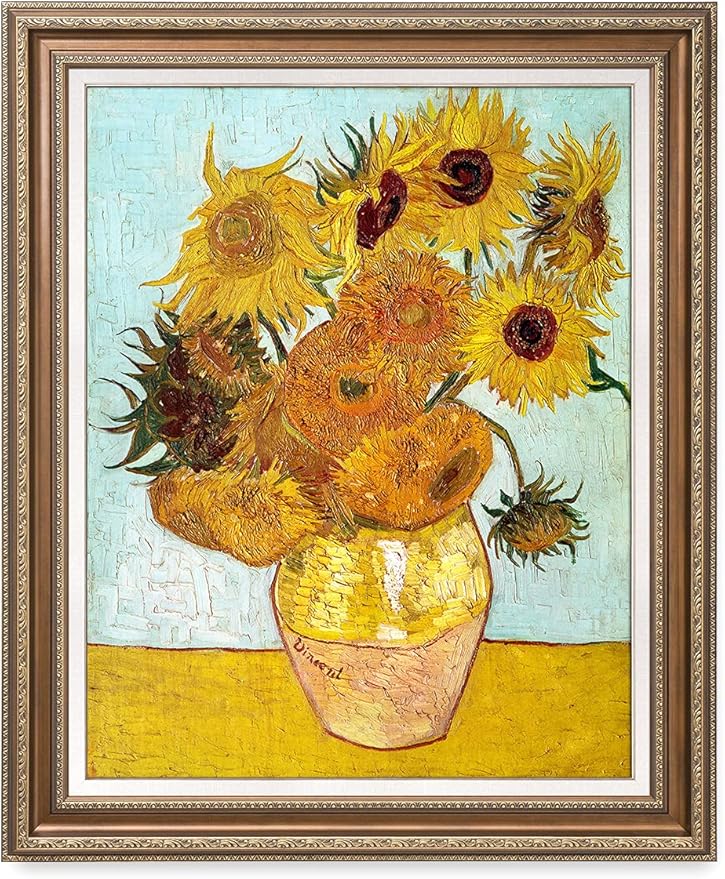 DECORARTS - Twelve Sunflowers, Vincent Van Gogh Art Reproduction. Acid Free Cotton Canvas Giclee Print w/Bronze Frame&Mat for Wall Decor.