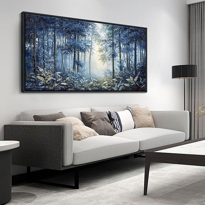Forest Canvas Wall Art for Living Room - Navy Blue Bedroom Wall Art, Landscape Pictures Wall Decor, Forest Painting, Framed Nature Tree Artwork Walls 24×48IN