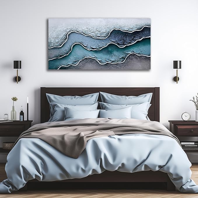 Beach Oil Painting Wall Art for Office Blue and White Wall Decor for Bedroom Wall Pictures for Living Room Size 24 x 47 Inch