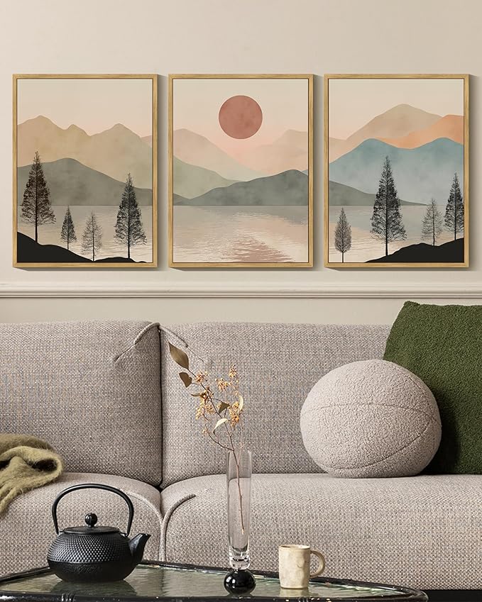 KUVIOKE Vintage Landscape Framed Wall Art Mountain Range Wall Decor Ink Wash Watercolor Nature Laker Sun Rises Prints Bedroom Living Dining Room Ready to Hang 12x16in (Natural Framed)