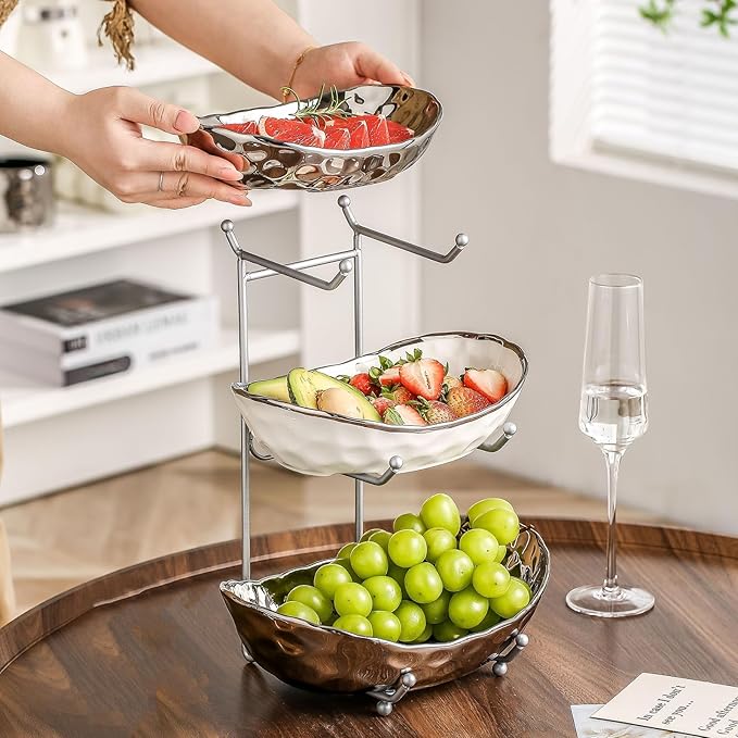 3-Tier Fruit Bowls for Kitchen Counter,Ceramic Bowl with Silver Metal Stand,3 Tier Fruit Basket for Fruit,Snack,Cake,Nuts,Dessert Storage