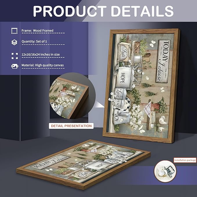 Rustic Kitchen Wall Art, Farmhouse Inspirational Canvas Wall Decor Paintings, Kitchen Flower Butterfly Posters Prints Pictures Artwork for Bathroom Dining Room Bedroom 12x16 Inch Wood Framed