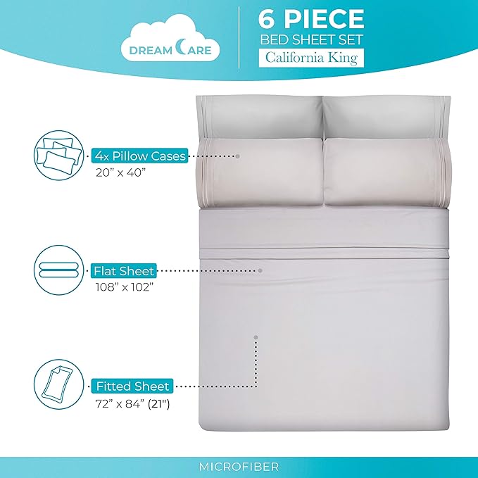 DREAMCARE California King Sheet Sets – 6 pcs Cooling Bed Sheets – up to 21” Deep Cal King Sheets – 2500 Supreme Collection – Extra Soft 100% Brushed Microfiber Hotel Luxury with Side Pocket – L Gray