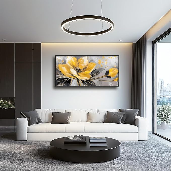 Framed Large Wall Art for Living Room, Yellow Floral Canvas Wall Decor, Gold Flower Pictures Painting, Natural Landscape Artwork for Living Room Bedroom Office 60L'' × 30W''