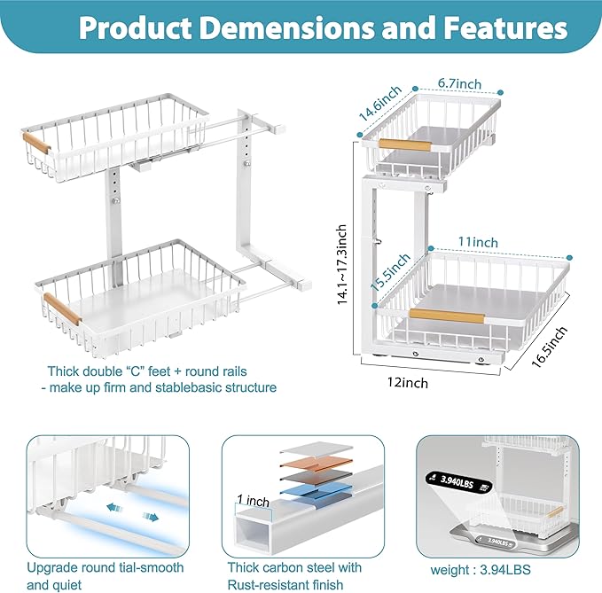 Under Sink Organizer 2 pack, 2 Tier Slide Out Under Sink Organizers And Storage, Height Adjustable Pull Out Cabinet Drawers, Kithcen Bathroom Metal Storage Caddy Shelf, White
