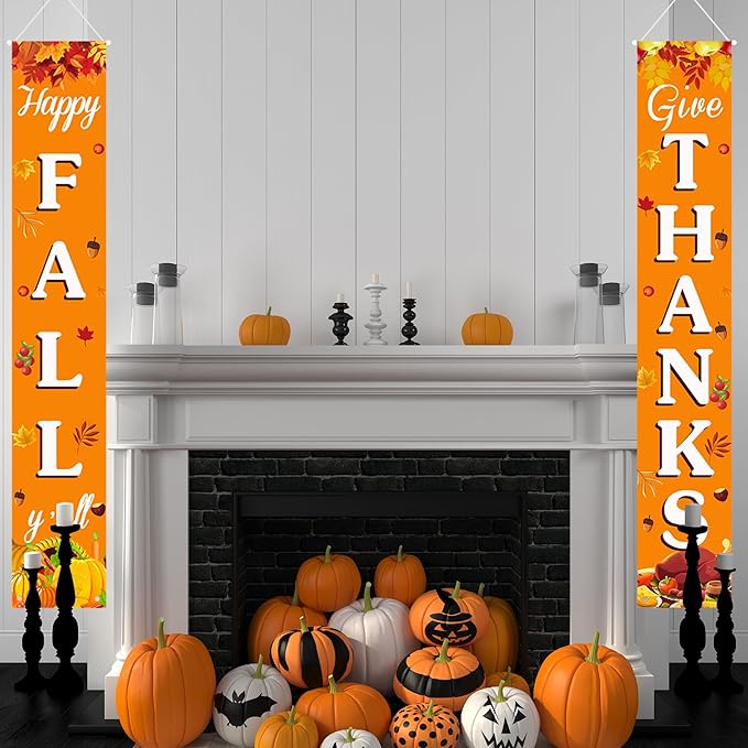 Fall Decorations for Home Happy Fall & Give Thanks Porch Banner Pumpkin Maple Leaves Door Welcome Signs for Autumn Harvest Thanksgiving Decorations Decor Indoor Outdoor