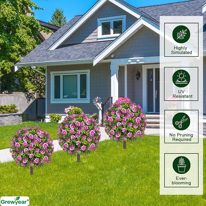 Set of 2 Artificial Topiary Ball Trees with Purple Mum, Faux Boxwoods for Outdoor Planters with Ground Spike, UV Resistant Artificial Outdoor Plants for Porch, Fake Bushes Round Shrub