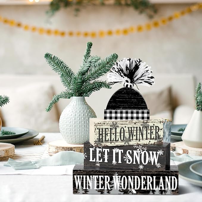 Geelin 4 Pcs Hello Winter Wooden Farmhouse Decor Let It Snow Wooden Centerpiece for Tiered Trays Rustic Kitchen Shelf Table Decor Winter Wonderland Party Home Decoration