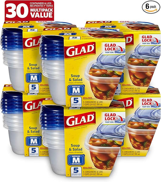 Glad Soup & Salad Food Storage Containers, Medium Rectangle (24 Oz) - (Pack of 6, 30 Count) | Strong and Durable Food Containers from Glad for Everyday Use | 24 Oz Food Storage Containers