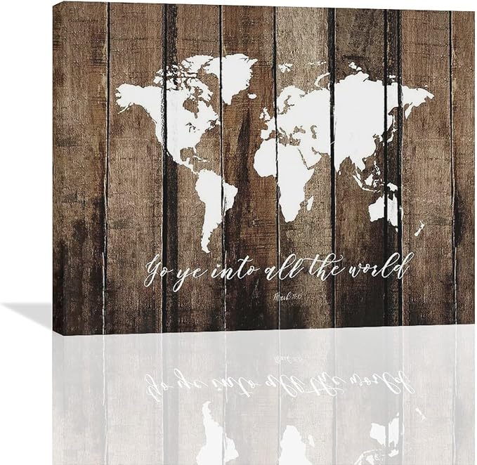 Large World Map Wall Art Rustic World Map Pictures Wall Decor Go Ye Into All The World and Preach The Gospel Canvas Painting Print Home Artwork Framed for Living Room Bathroom Master Bedroom 20"x16"