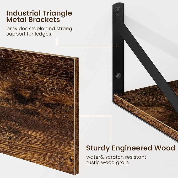 Fun Memories Floating Shelves for Wall, 12 Inch Deep Floating Shelves Set of 2, 24W x 12D Large Wall Shelf with Sturdy Metal Brackets for Living Room, Bathroom, Bedroom and Kitchen, Rustic Brown