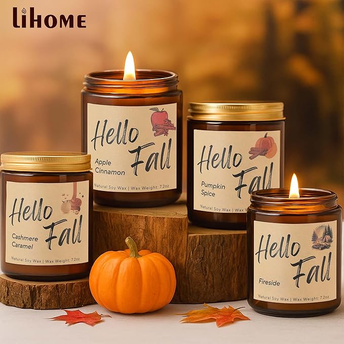 Lihome Fall Candles,Fall Gift for Home Decor, Natural Soy Wax Scented Candles Set- Spicy Pumpkin/Apple Cider/Autumn Harvest/Autumn Leaves(4pcs)