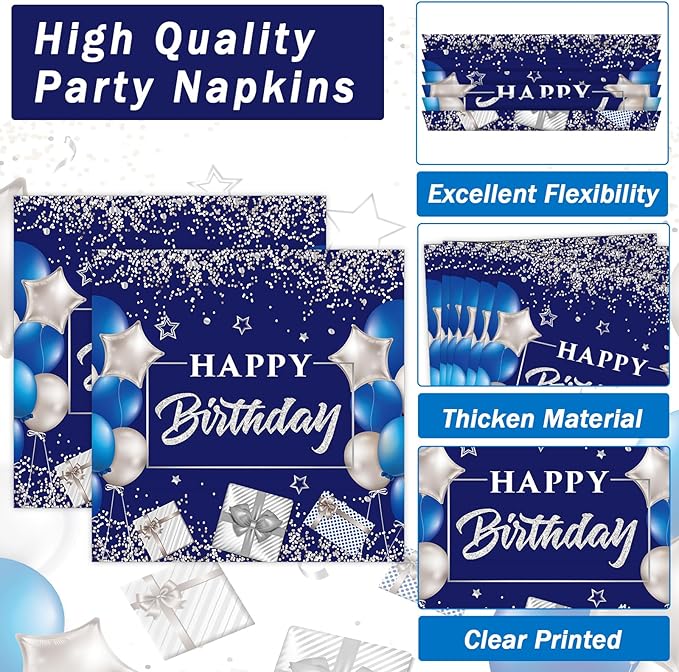 Birthday Oval Paper Plate 11inch Large Happy Birthdays Plates and Napkins, Blue and Silver Party Decoration Favor Dish Tray for Man Woman Bday Baby Shower Holiday Gathering Supplies Tableware 25 Guest