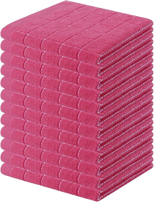 Homaxy 100% Cotton Terry Kitchen Dish Cloths, Ultra Soft and Absorbent Dish Towels for Kitchen, Suitable for Drying and Washing Dishes, 12 Pack, 12 x 12 Inches, Rose Red