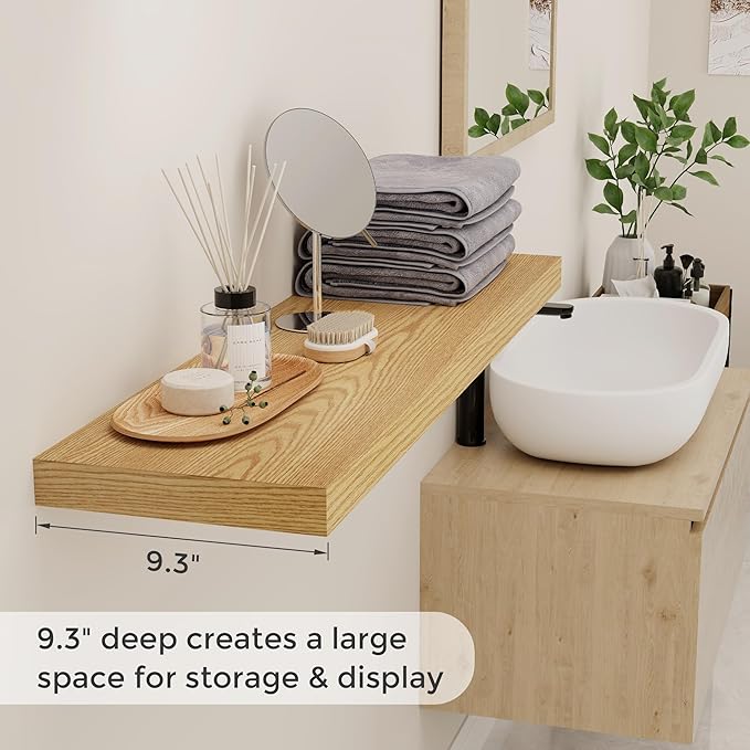 40 Inch Floating Shelvese, 40" W x 9.3" D Floating Shelf Set of 2, Farmhouse Wood Wall Shelves for Bedroom, Kitchen, Wall Mounted Deep Shelving for Home Decor, Oak Color