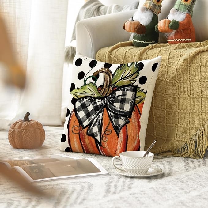 AVOIN colorlife Fall Polka Dot Pumpkin Throw Pillow Cover 16x16 Inch, Seasonal Autumn Thanksgiving Harvest Decoration for Home Sofa Couch, 16/'' x 16/''