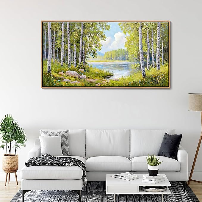 Forest & Mountain Wall Art Green Framed Nature Landscape Pictures for Living Room, Bedroom & Office Large Paintings Wall Decor Tree, Lake, and Mountain Artwork for Wall Decor 20x40IN