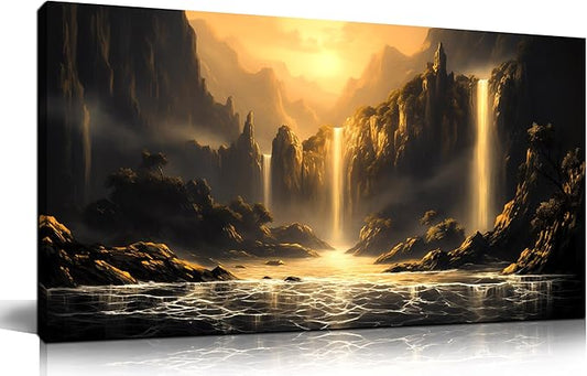 Mountain Pictures Wall Art for Living Room Waterfall Canvas Wall Decor Office Black and Gold Wall Art Bedroom Size 20" x 40"