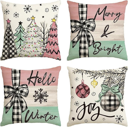 AVOIN colorlife Merry Christmas Joy Xmas Trees Colorful Throw Pillow Covers, 18 x 18 Inch Christmas Winter Holiday Cushion Case Decoration for Sofa Couch Set of 4