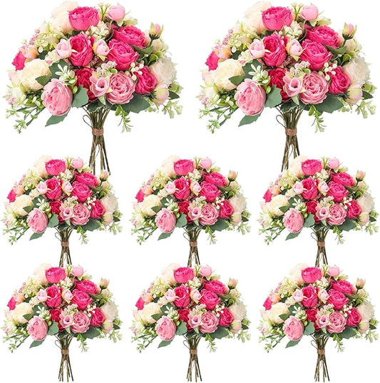 Geosar 8 Bundles Artificial Peonies Flowers Fake Silk Peony Bouquet Faux Peonies Flowers Bulk for Decoration Vase Florals Arrangements Wedding Party Table (Bright Color)