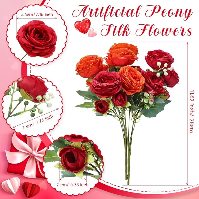 Geosar 8 Bundles Artificial Peonies Flowers Fake Silk Peony Bouquet Faux Peonies Flowers Bulk for Decoration Vase Florals Arrangements Wedding Party Table (Orange,Deep Red)