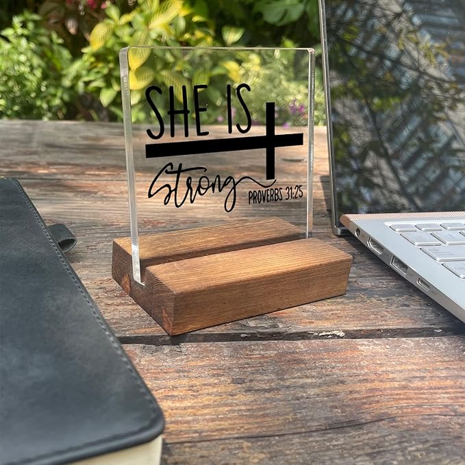 She is Strong Inspirational Quotes Desk Decor Gifts For Women Best Friend Encouragement Office Inspiration Positive Plaque Acrylic With Wooden Stand For Cowoker Motivational Sign For Birthday
