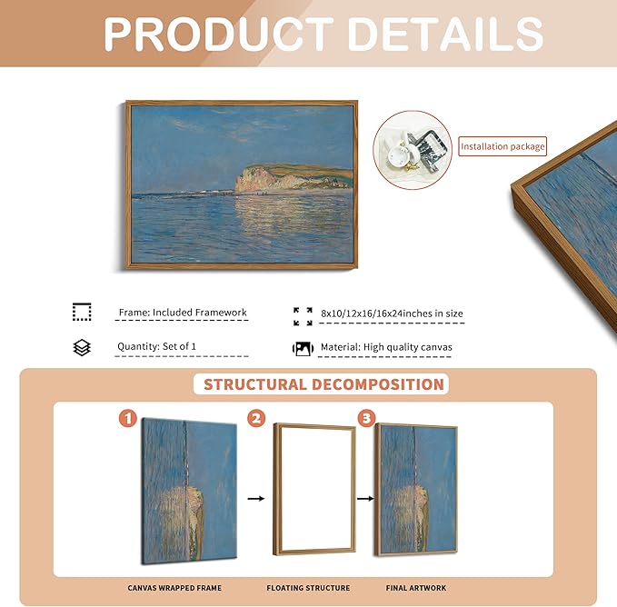 Framed Monet Coastal Wall Art Decor – Impressionist Beach Oil Painting Canvas Prints – Vintage Beachy Landscape Classic Aesthetic Wall Decor for Living Room Bedroom Bathroom – 10"x8"