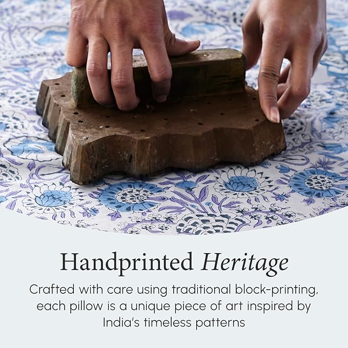 CPC 100% Cotton Throw Pillow Covers 16X16 Blue Block Print Pattern Couch Pillow, Cute Boho Decorative Pillows for Living Room, Bedroom with Hidden Zipper- Indigo Blue