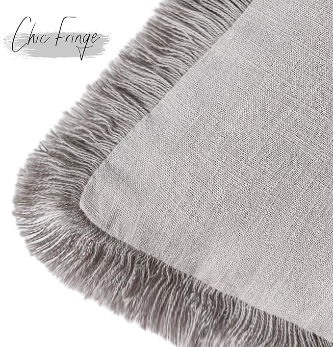 Foindtower Set of 2 Decorative Linen Fringe Throw Pillow Covers Cozy Boho Farmhouse Cushion Cover with Tassels Accent Pillowcase for Couch Sofa Bed Living Room Home Decor,26×26 Inch,Light Rustic Gray