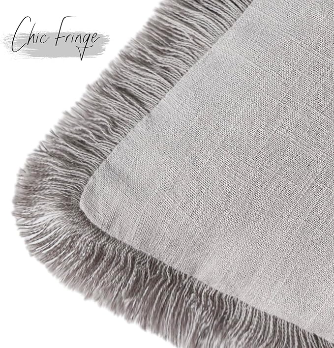 Foindtower Set of 2 Decorative Linen Fringe Throw Pillow Covers Cozy Farmhouse Cushion Cover with Tassels Accent Pillowcase for Couch Chair Sofa Bed Living Room Home Decor,24×24 Inch,Light Rustic Gray