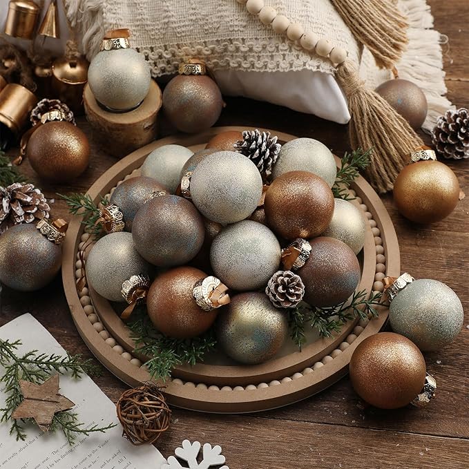 24 Pcs Neutral Textured Christmas Ball Ornaments 2.36'' Vintage Christmas Tree Decor Modern Rustic Brown Ornaments with Loop Shatterproof Hanging Ball for Xmas Farmhouse Decor (Earth Color)