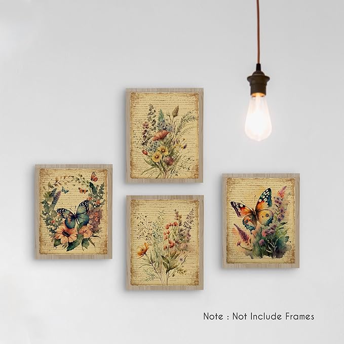 HRQKO Vintage Floral Butterfly Wall Art Poster Prints Set of 4, Floral Wall Art, Retro Butterfly Artwork Printing Posters Wall Decor, Watercolor Flower Prints for Bedroom Living Room 8”x10” Unframed