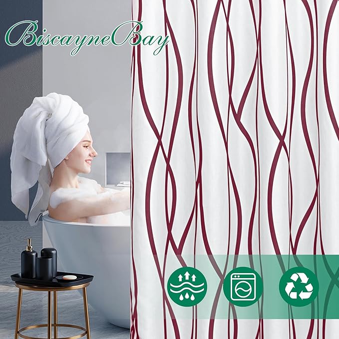 Biscaynebay Textured Fabric Shower Curtain for Bathroom 72 Wx72 L, Burgundy Printed Striped Linen Modern Hotel Luxury Quality Cloth Bathroom Curtains Machine Washable