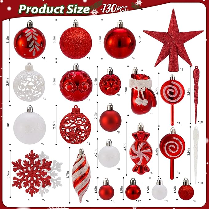 130 Pcs Christmas Ball Ornaments, Christmas Tree Decoration Set Red Christmas Ball Shatterproof Hanging Ornament Decorations for Christmas Tree, Wreaths, and Outdoor Displays (Red)